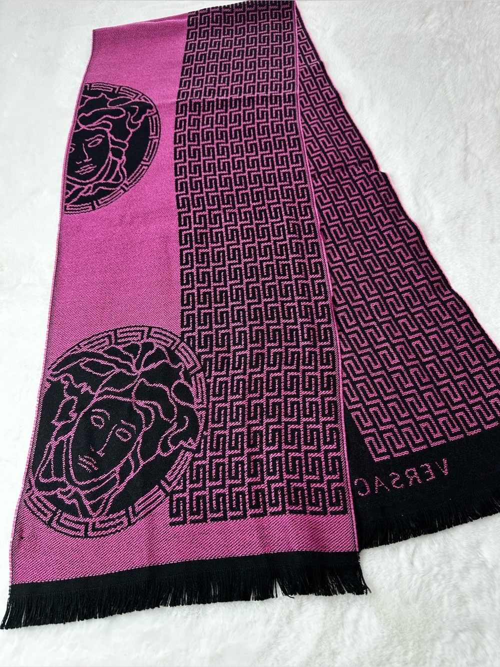 Versace Black and Pink Medusa Jacquard Scarf